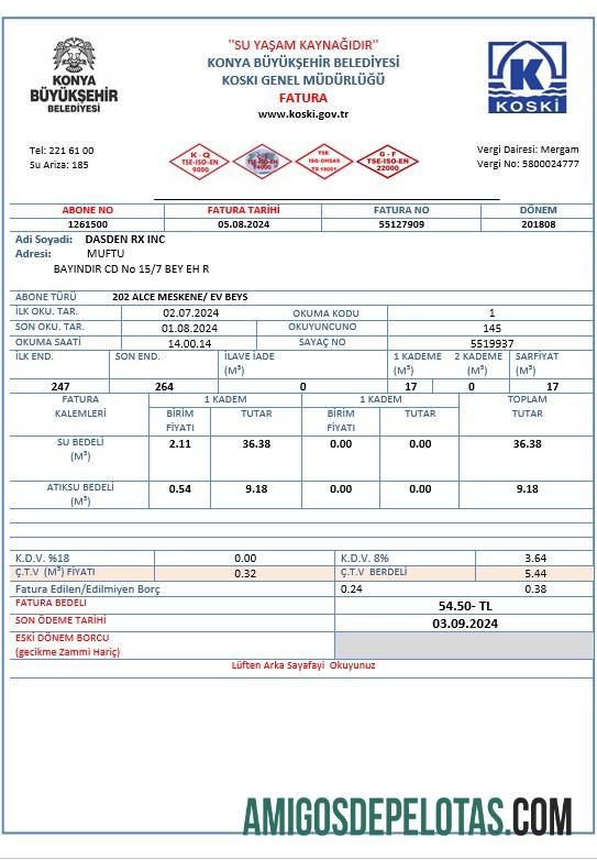 imprimível Modelo de conta de serviços públicos de água da Turquia em formatos Word e PDF